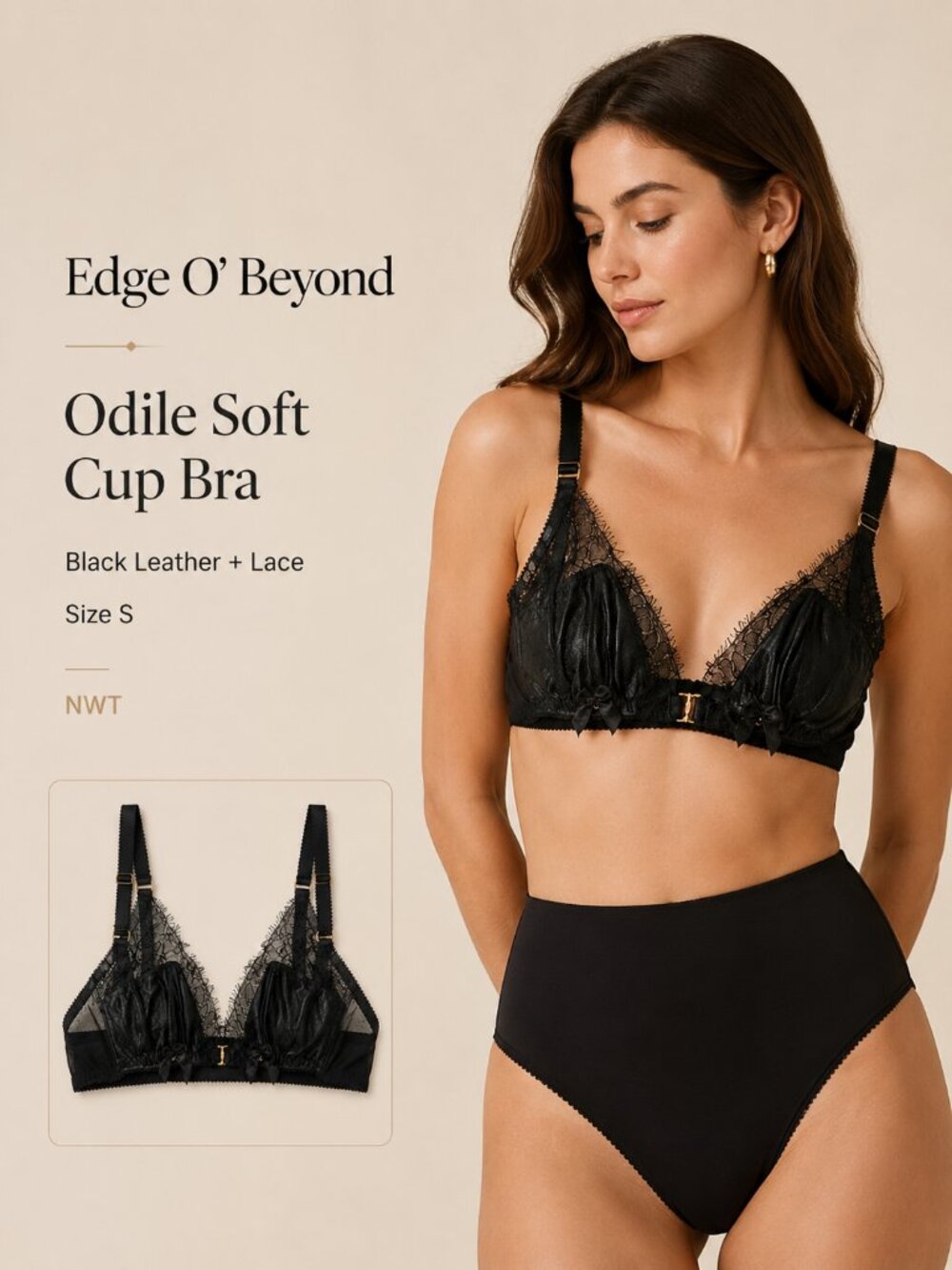 Edge o’ Beyond Odile‎ Black Leather Lace Soft Cup Bra Size S NWT